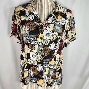 Sag Harbor Black & Multi Abstract Floral Gauze Button Short Sleeve Top Size 12